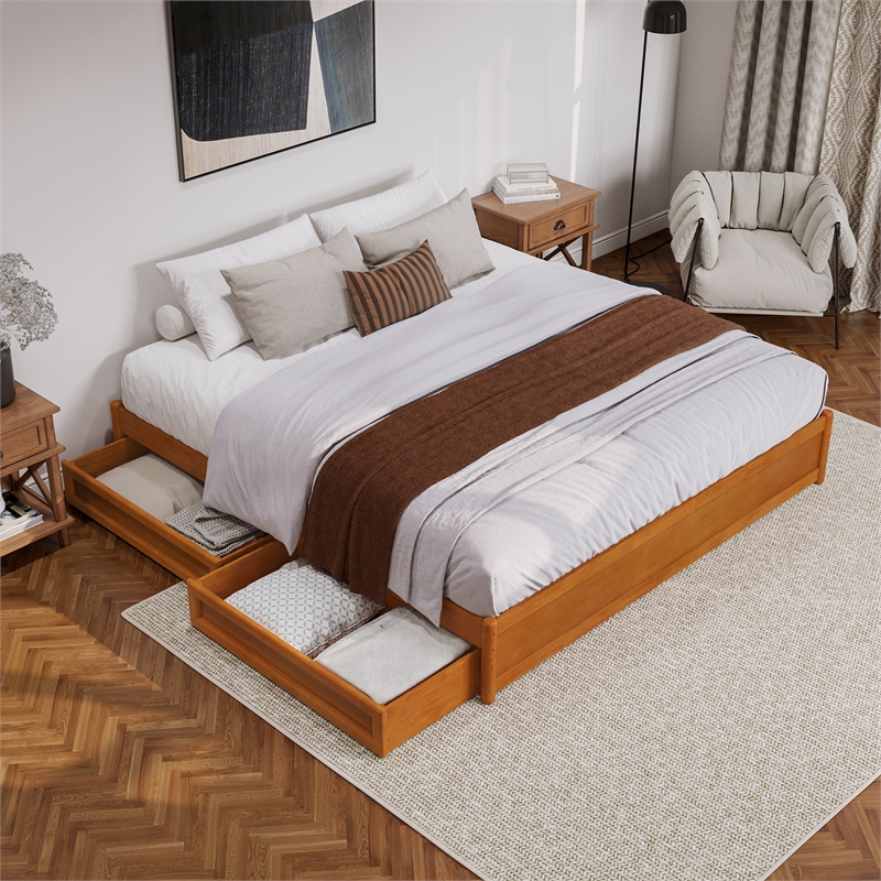 Barcelona King Panel Platform Bed with 2 Storage Drawers in Light Toffee