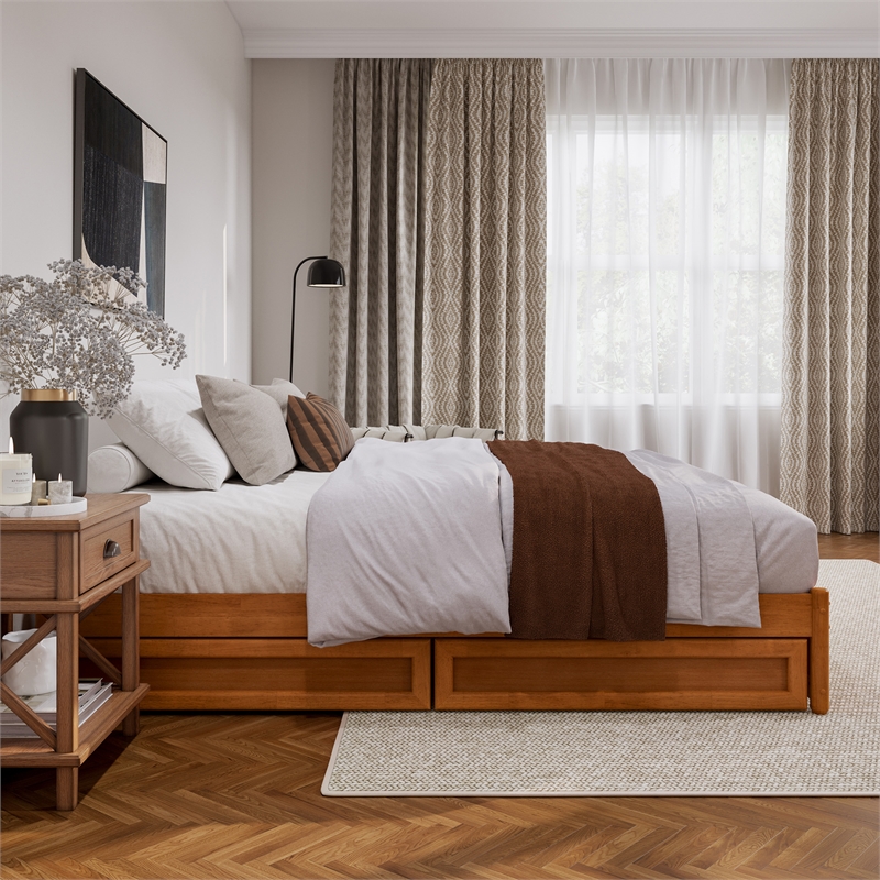 Barcelona King Panel Platform Bed with 2 Storage Drawers in Light Toffee