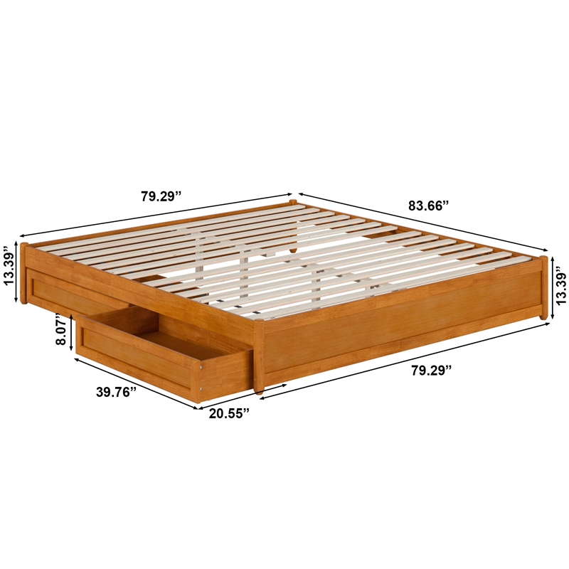 Barcelona King Panel Platform Bed with 2 Storage Drawers in Light Toffee