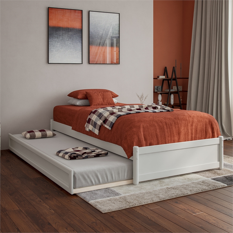 Barcelona Twin XL Solid Wood Panel Platform Bed with Twin XL Trundle in White