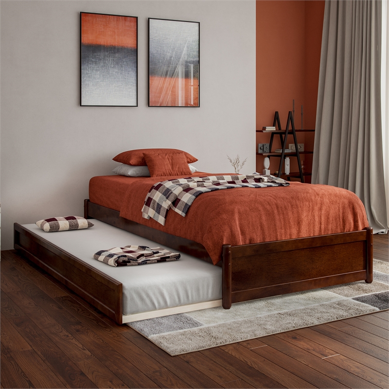 Barcelona Twin XL Solid Wood Panel Platform Bed with Twin XL Trundle in Walnut