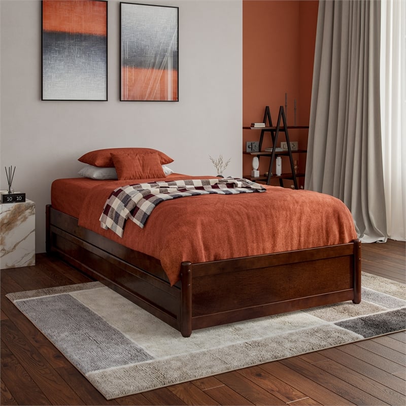 Barcelona Twin XL Solid Wood Panel Platform Bed with Twin XL Trundle in Walnut