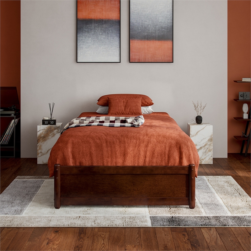 Barcelona Twin XL Solid Wood Panel Platform Bed with Twin XL Trundle in Walnut