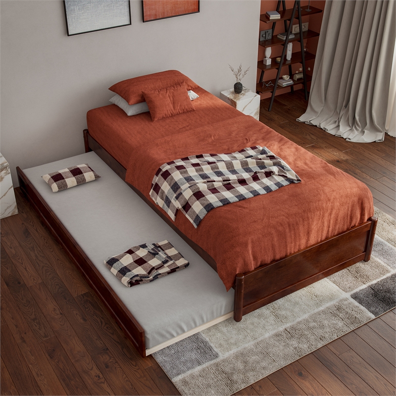 Barcelona Twin XL Solid Wood Panel Platform Bed with Twin XL Trundle in Walnut