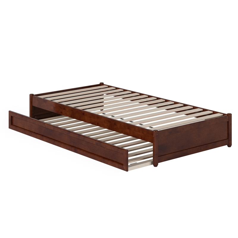 Barcelona Twin XL Solid Wood Panel Platform Bed with Twin XL Trundle in Walnut