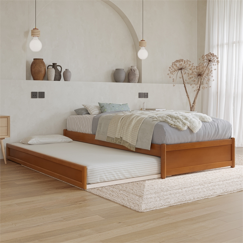 Barcelona Twin XL Wood Panel Platform Bed with Twin XL Trundle in Light Toffee