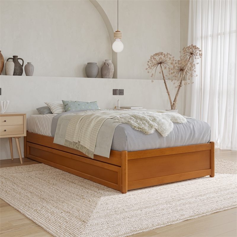 Barcelona Twin XL Wood Panel Platform Bed with Twin XL Trundle in Light Toffee