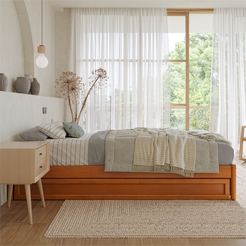 Barcelona Twin XL Wood Panel Platform Bed with Twin XL Trundle in Light Toffee