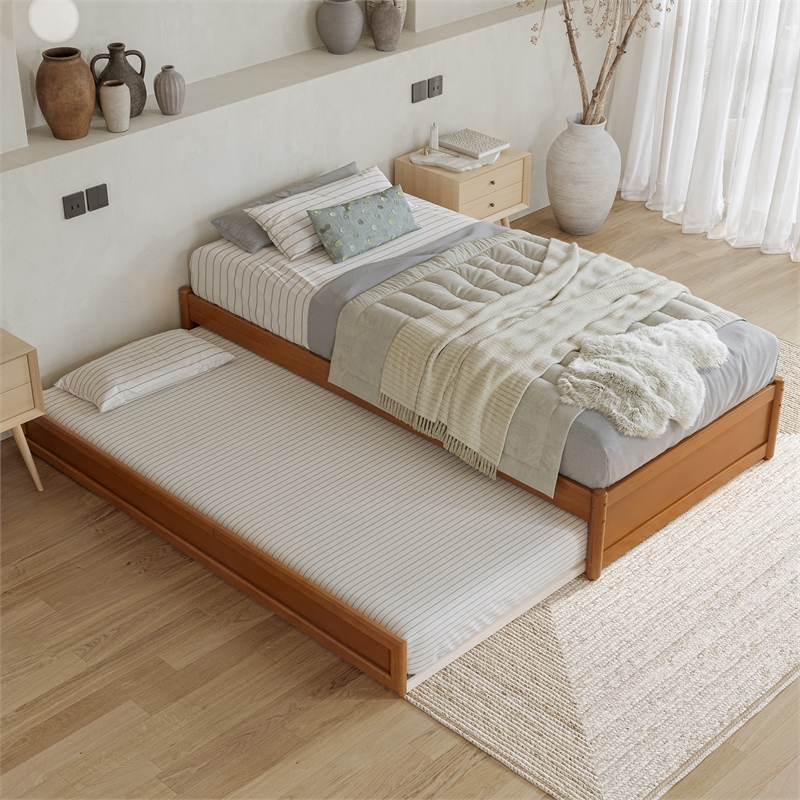 Barcelona Twin XL Wood Panel Platform Bed with Twin XL Trundle in Light Toffee
