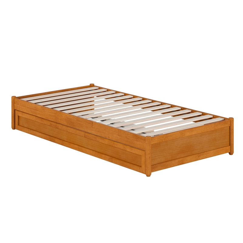 Barcelona Twin XL Wood Panel Platform Bed with Twin XL Trundle in Light Toffee