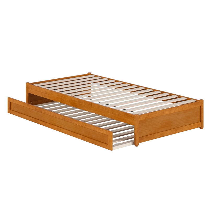 Barcelona Twin XL Wood Panel Platform Bed with Twin XL Trundle in Light Toffee