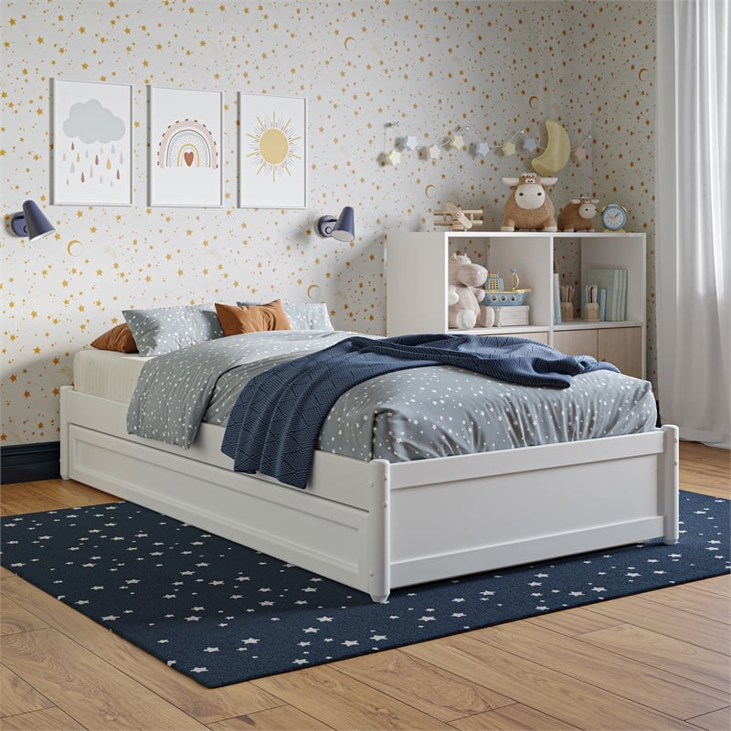 Barcelona Twin Solid Wood Panel Platform Bed with Twin Trundle in White