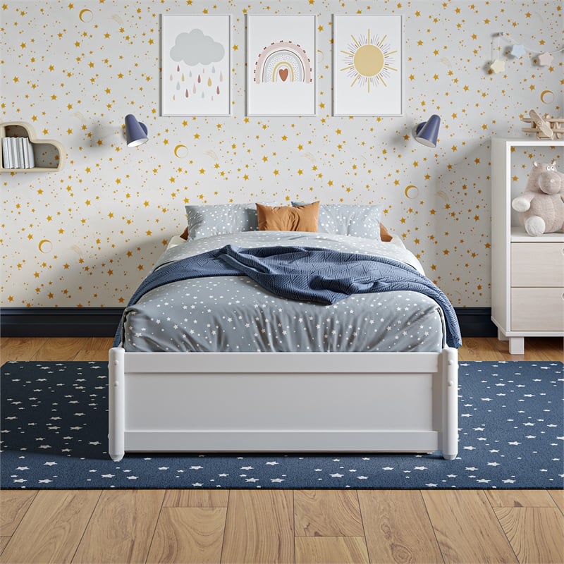 Barcelona Twin Solid Wood Panel Platform Bed with Twin Trundle in White