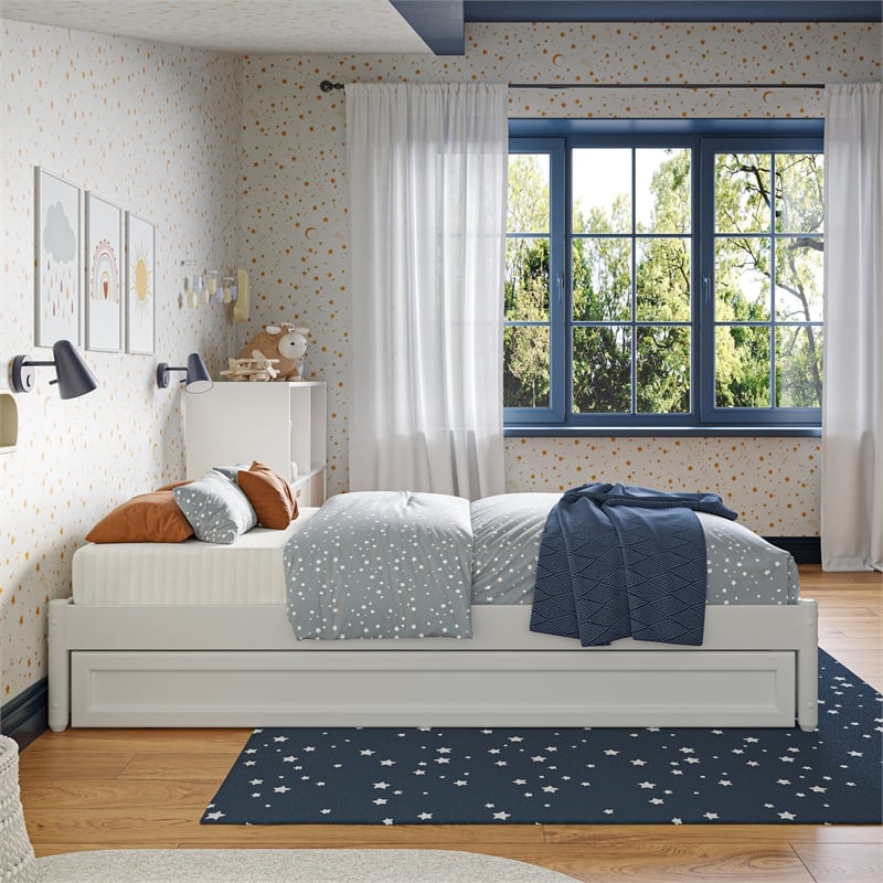 Barcelona Twin Solid Wood Panel Platform Bed with Twin Trundle in White