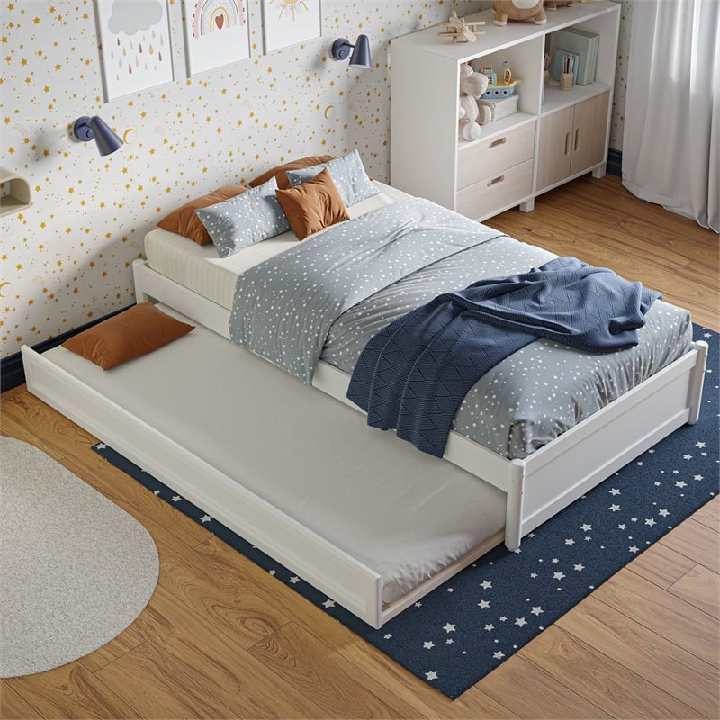 Barcelona Twin Solid Wood Panel Platform Bed with Twin Trundle in White