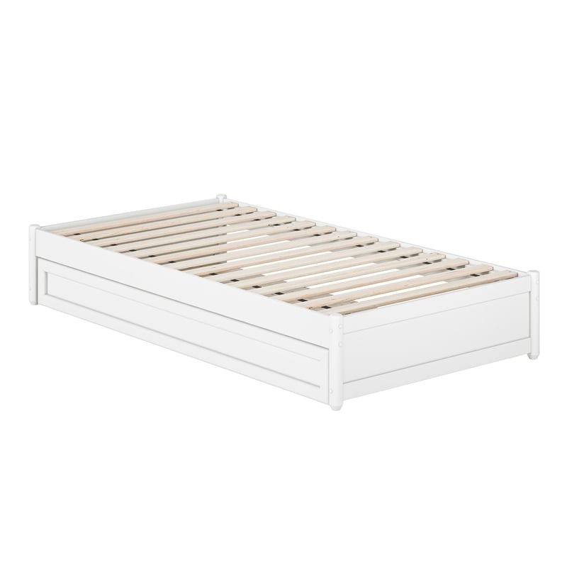 Barcelona Twin Solid Wood Panel Platform Bed with Twin Trundle in White