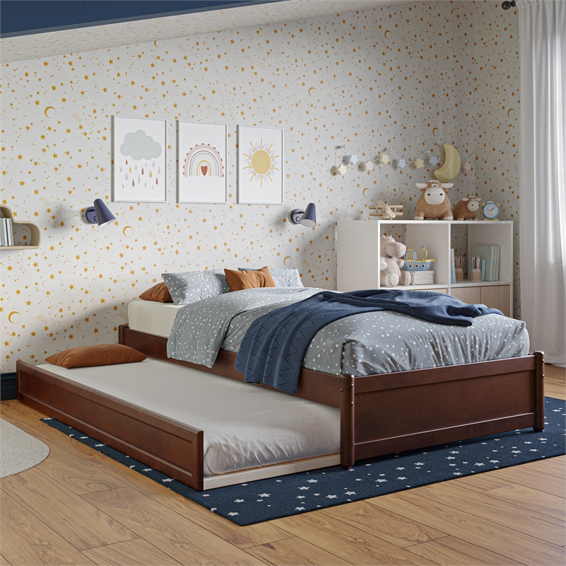 Barcelona Twin Solid Wood Panel Platform Bed with Twin Trundle in Walnut