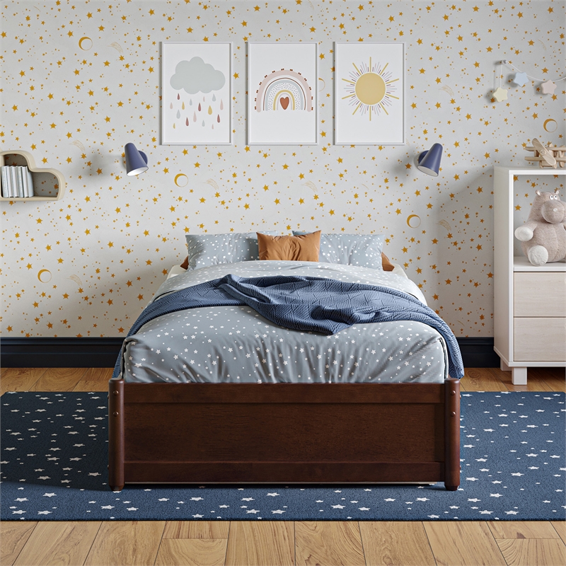 Barcelona Twin Solid Wood Panel Platform Bed with Twin Trundle in Walnut