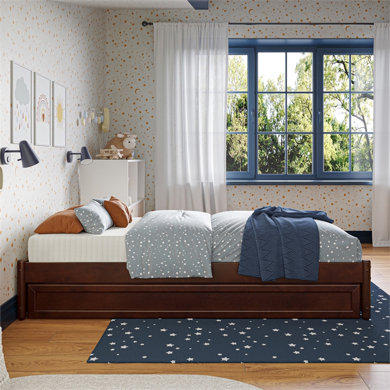 Barcelona Twin Solid Wood Panel Platform Bed with Twin Trundle in Walnut