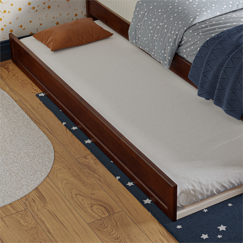 Barcelona Twin Solid Wood Panel Platform Bed with Twin Trundle in Walnut