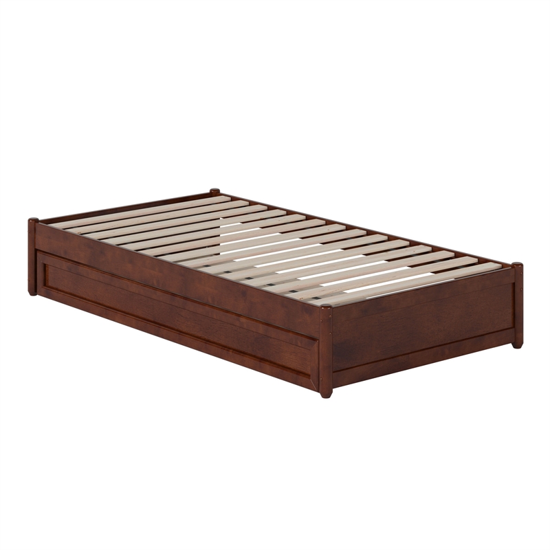 Barcelona Twin Solid Wood Panel Platform Bed with Twin Trundle in Walnut