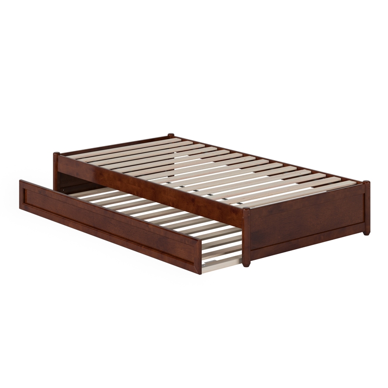 Barcelona Twin Solid Wood Panel Platform Bed with Twin Trundle in Walnut