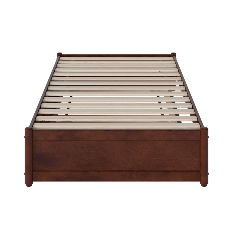Barcelona Twin Solid Wood Panel Platform Bed with Twin Trundle in Walnut