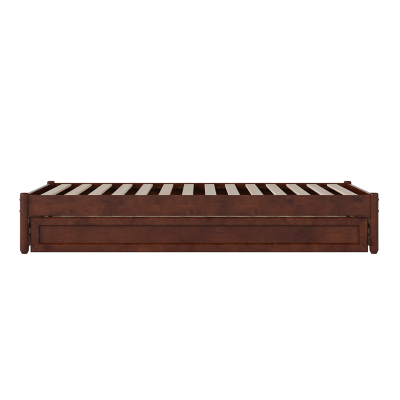 Barcelona Twin Solid Wood Panel Platform Bed with Twin Trundle in Walnut