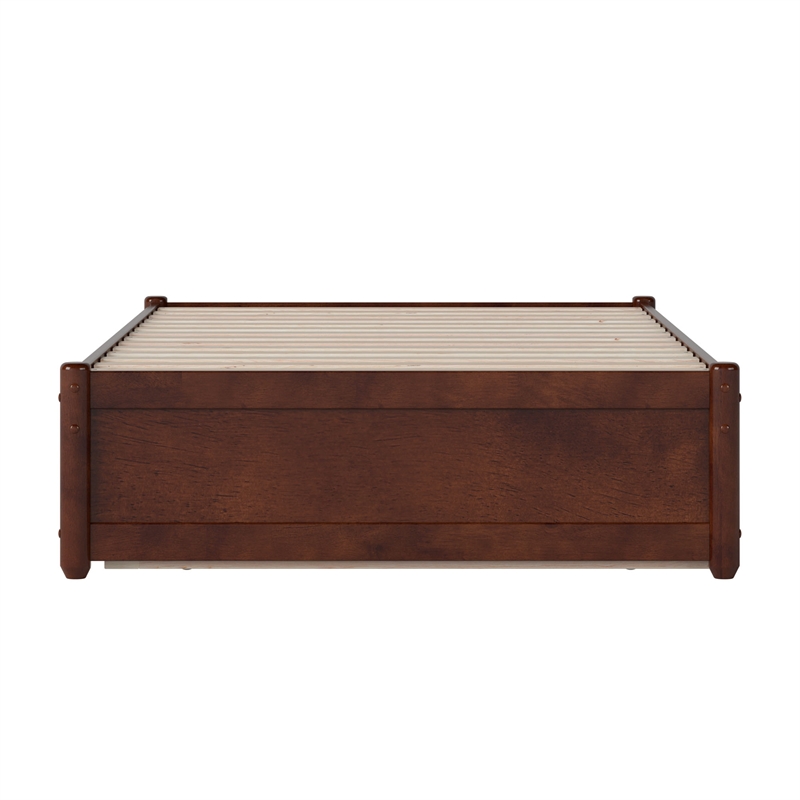 Barcelona Twin Solid Wood Panel Platform Bed with Twin Trundle in Walnut