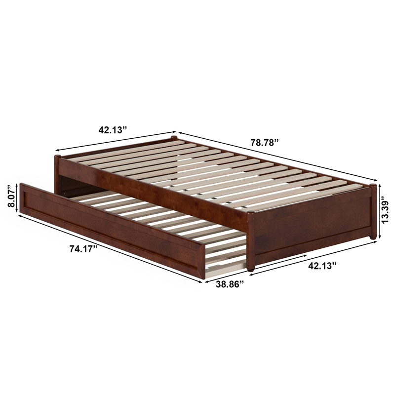 Barcelona Twin Solid Wood Panel Platform Bed with Twin Trundle in Walnut