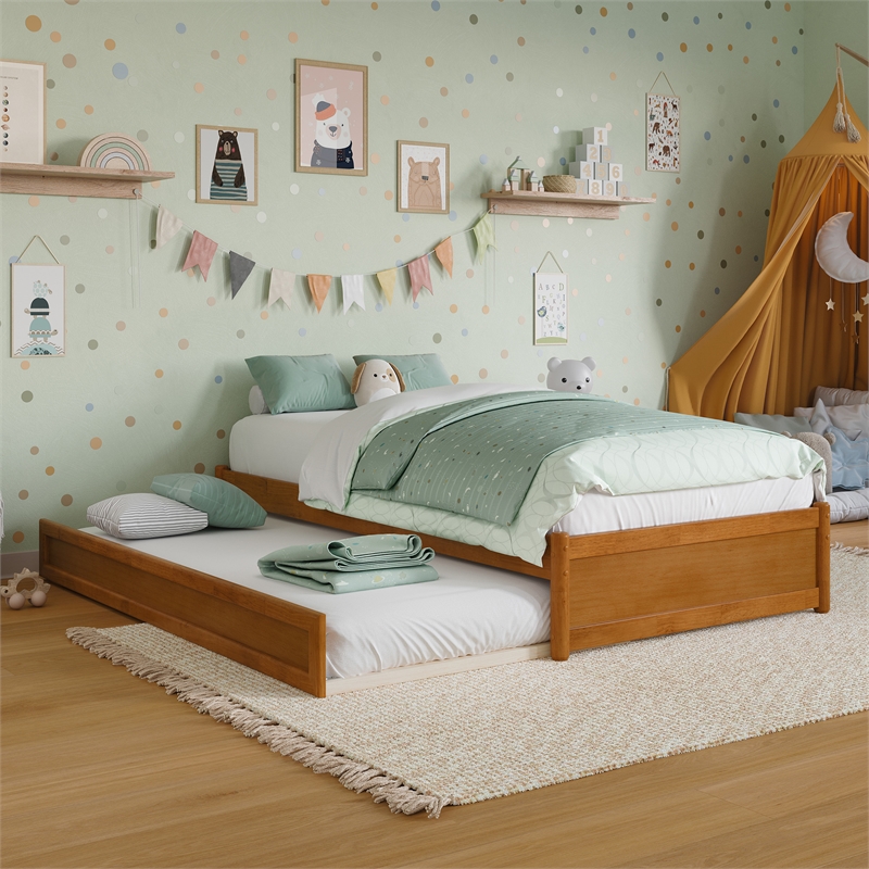 Barcelona Twin Solid Wood Panel Platform Bed with Twin Trundle in Light Toffee