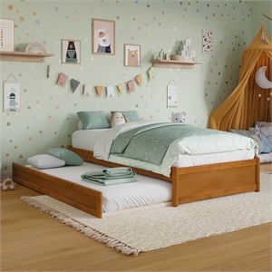 Barcelona Twin Solid Wood Panel Platform Bed with Twin Trundle in Light Toffee