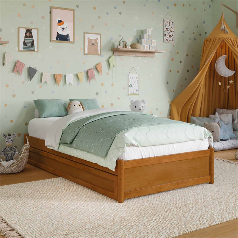 Barcelona Twin Solid Wood Panel Platform Bed with Twin Trundle in Light Toffee