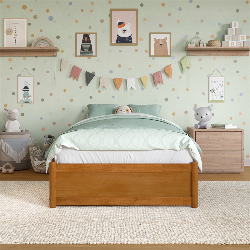 Barcelona Twin Solid Wood Panel Platform Bed with Twin Trundle in Light Toffee