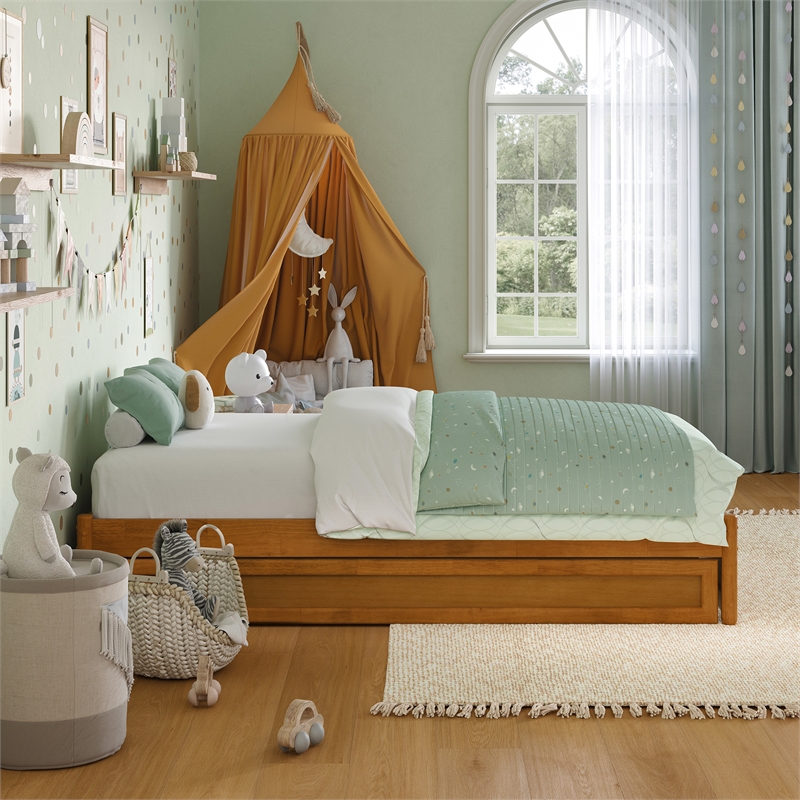 Barcelona Twin Solid Wood Panel Platform Bed with Twin Trundle in Light Toffee