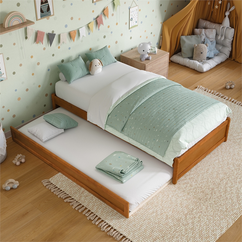 Barcelona Twin Solid Wood Panel Platform Bed with Twin Trundle in Light Toffee