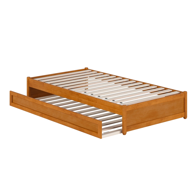 Barcelona Twin Solid Wood Panel Platform Bed with Twin Trundle in Light Toffee