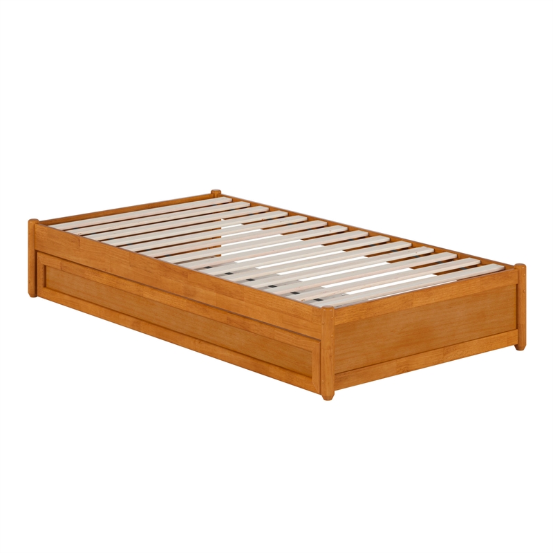 Barcelona Twin Solid Wood Panel Platform Bed with Twin Trundle in Light Toffee