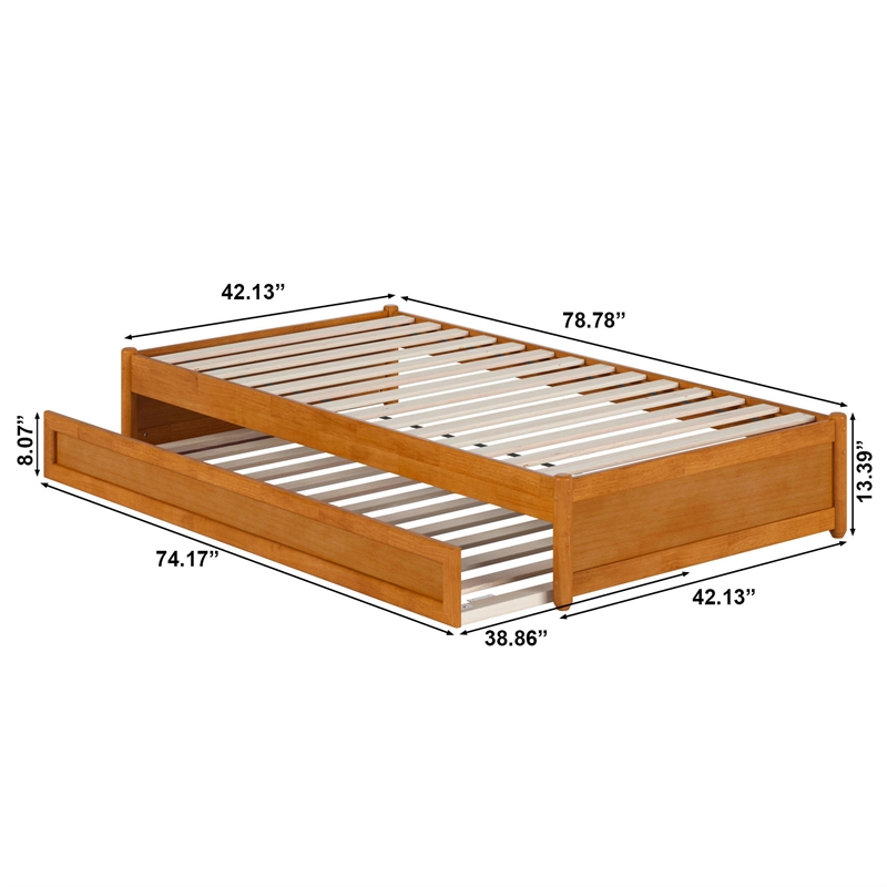 Barcelona Twin Solid Wood Panel Platform Bed with Twin Trundle in Light Toffee
