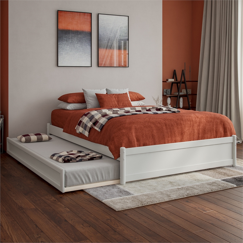 Barcelona Full Solid Wood Panel Platform Bed with Twin Trundle in White