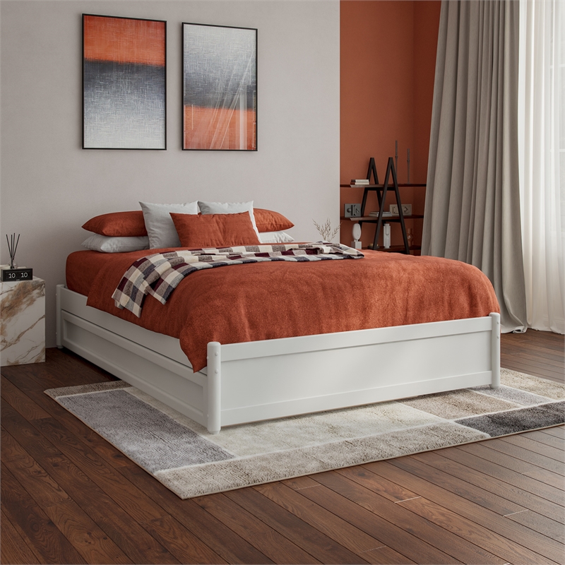 Barcelona Full Solid Wood Panel Platform Bed with Twin Trundle in White