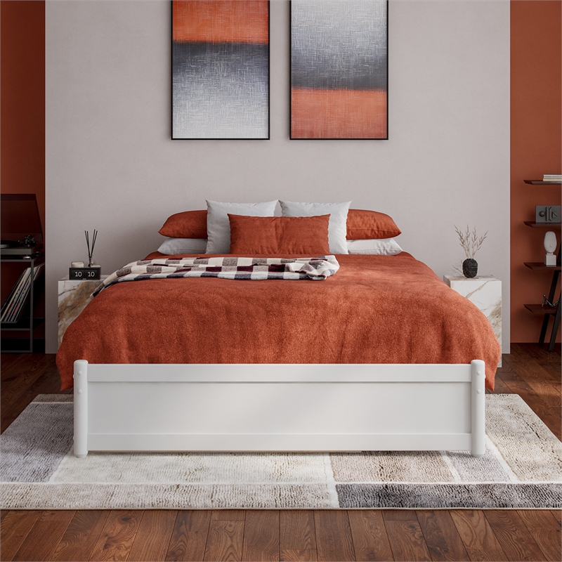 Barcelona Full Solid Wood Panel Platform Bed with Twin Trundle in White