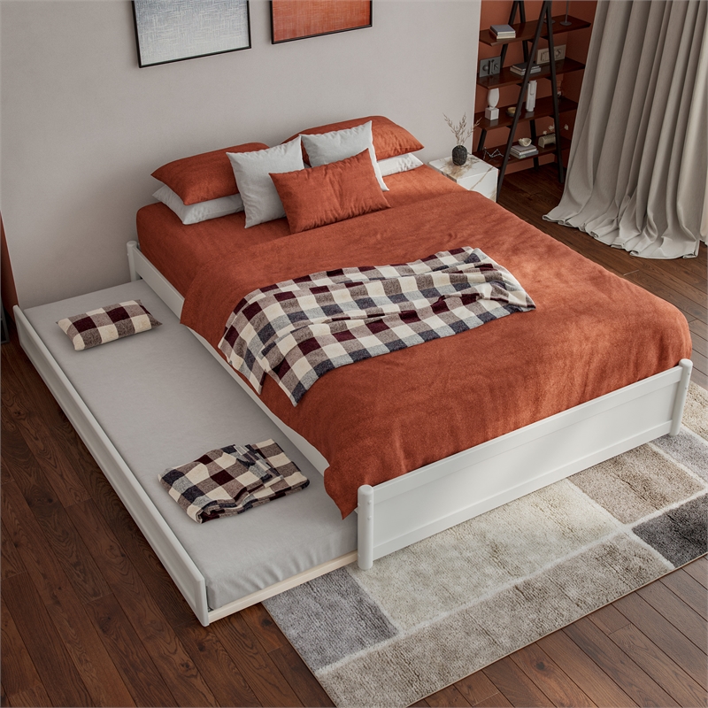 Barcelona Full Solid Wood Panel Platform Bed with Twin Trundle in White