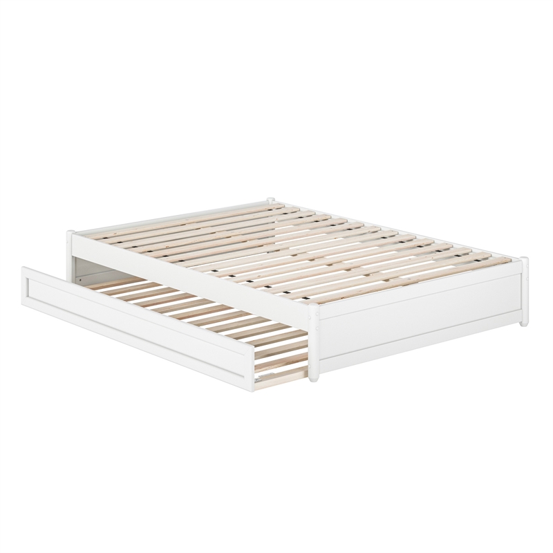 Barcelona Full Solid Wood Panel Platform Bed with Twin Trundle in White