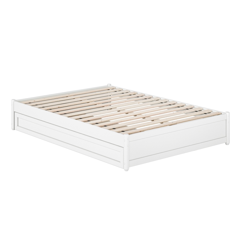 Barcelona Full Solid Wood Panel Platform Bed with Twin Trundle in White