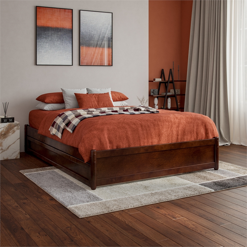 Barcelona Full Solid Wood Panel Platform Bed with Twin Trundle in Walnut