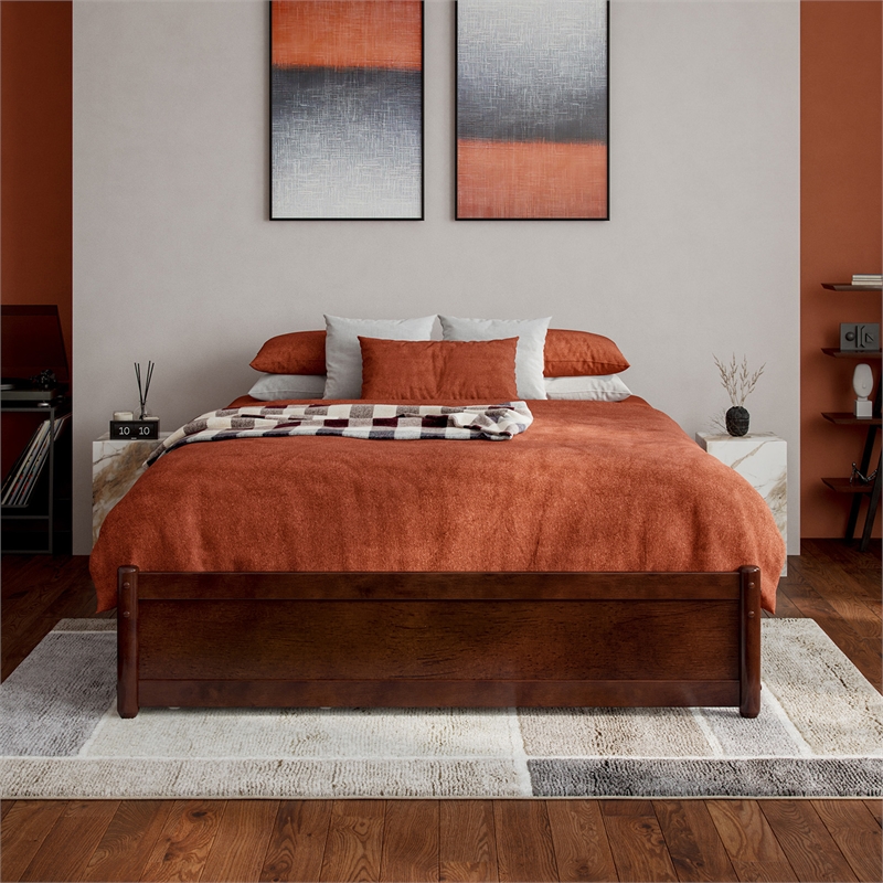 Barcelona Full Solid Wood Panel Platform Bed with Twin Trundle in Walnut