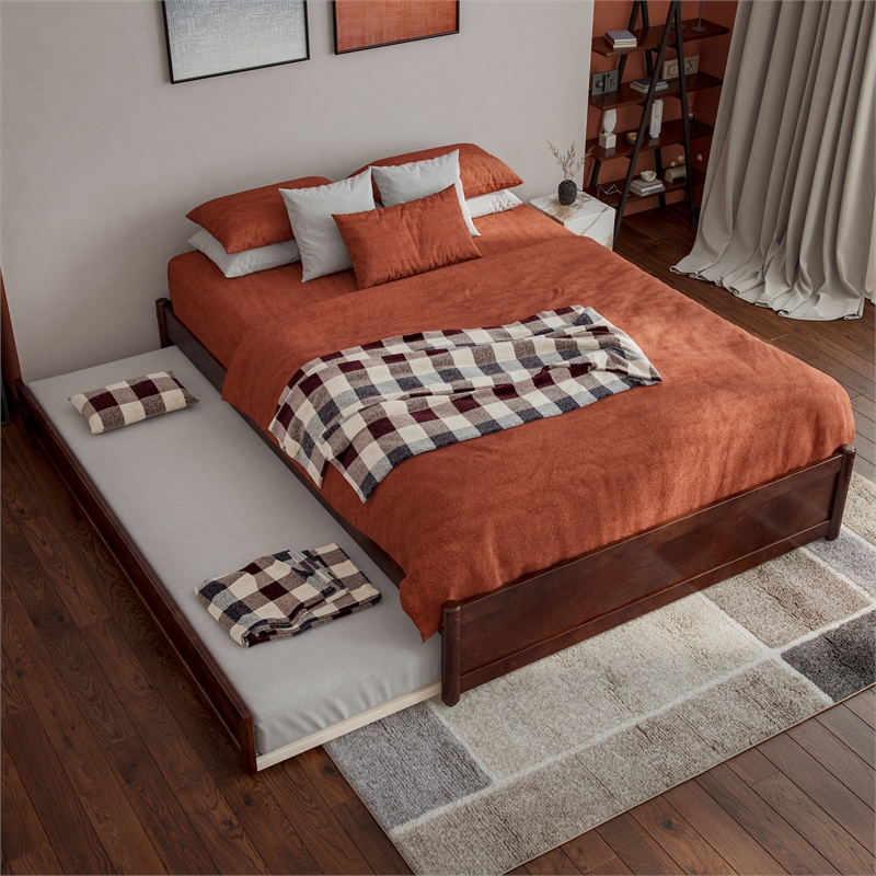 Barcelona Full Solid Wood Panel Platform Bed with Twin Trundle in Walnut
