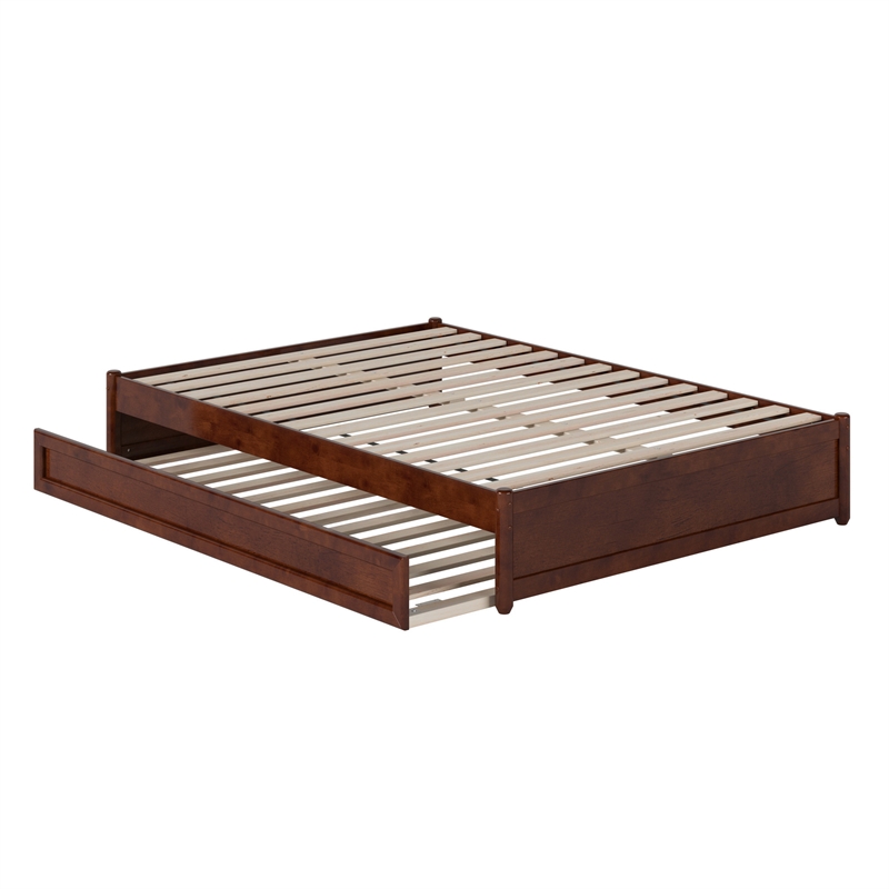 Barcelona Full Solid Wood Panel Platform Bed with Twin Trundle in Walnut