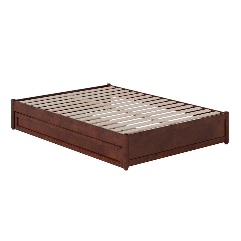 Barcelona Full Solid Wood Panel Platform Bed with Twin Trundle in Walnut